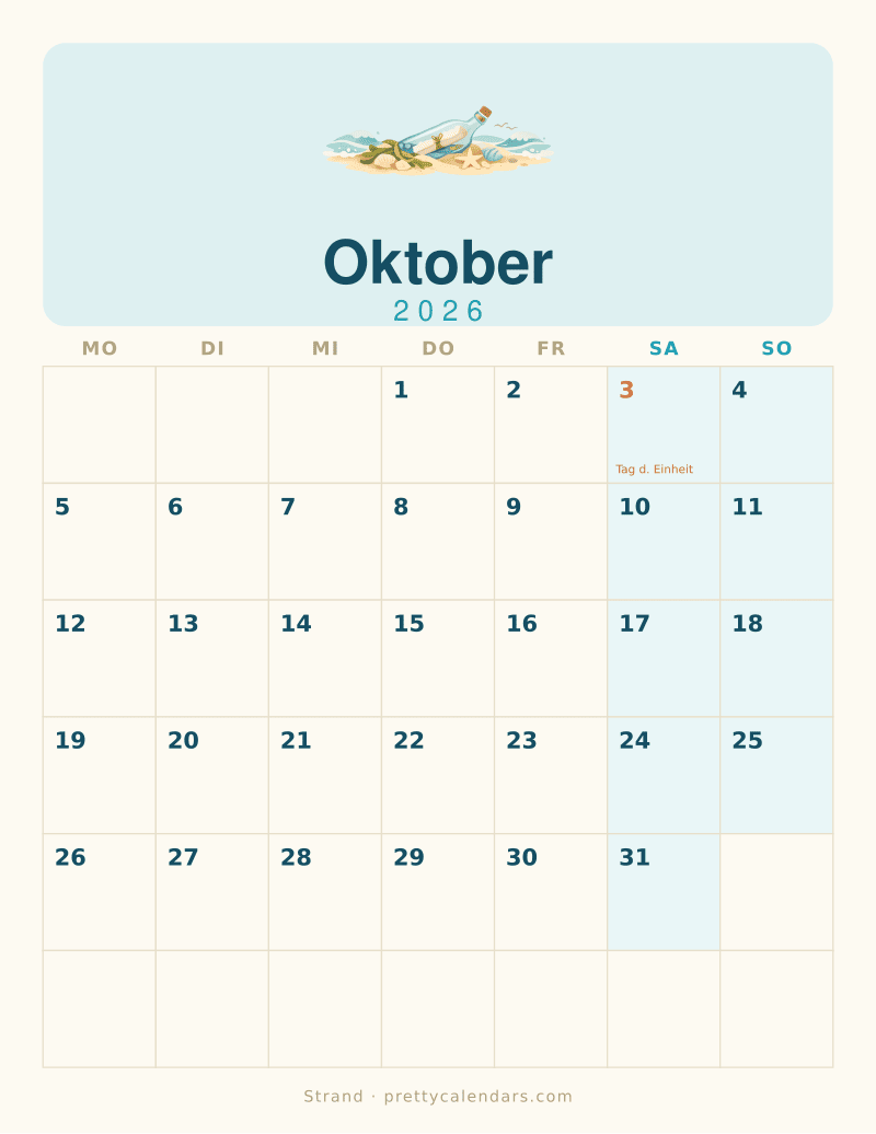 Druckbarer Kalender Oktober 2026, Design Strand