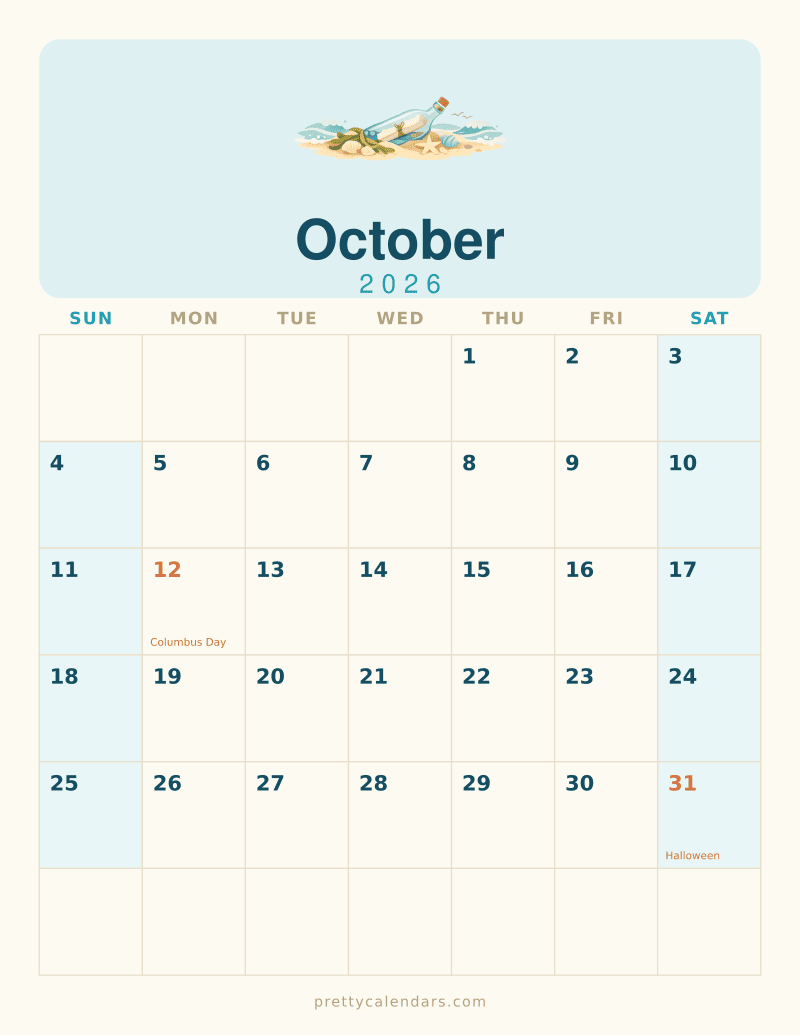 October 2026 printable calendar, Beach style