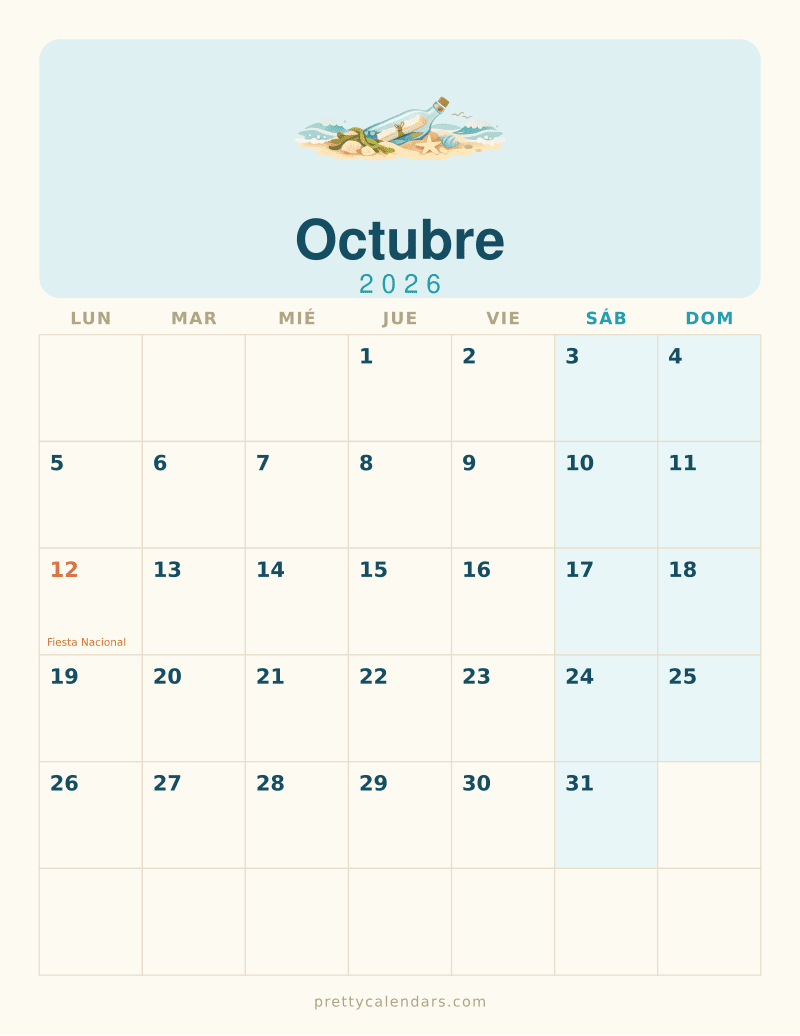 Calendario de Octubre 2026 para imprimir, estilo Playa
