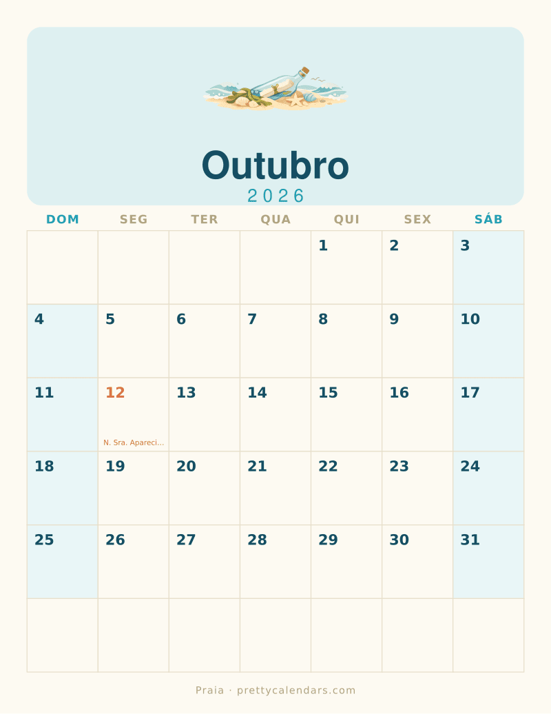 Calendário de Outubro de 2026 para imprimir, estilo Praia