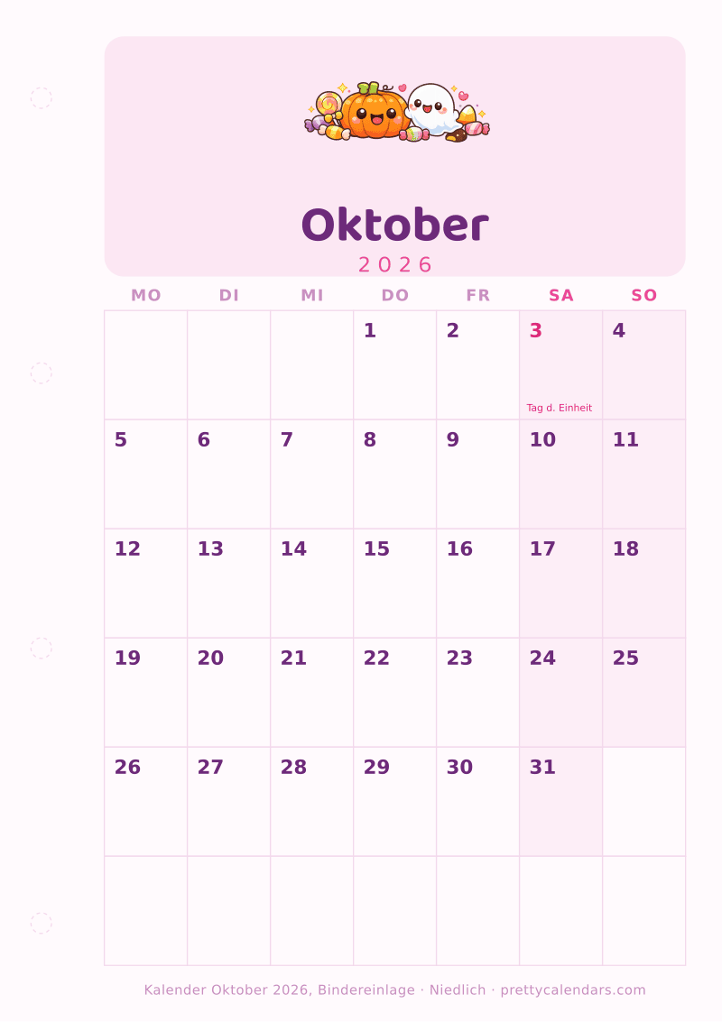Druckbarer Kalender Oktober 2026 mit Binderlochrand, Design Niedlich