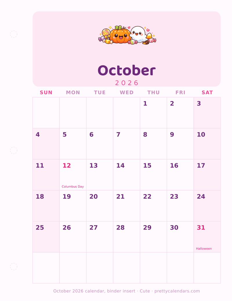 Printable October 2026 calendar as a three ring binder insert with a hole punch margin, Cute style