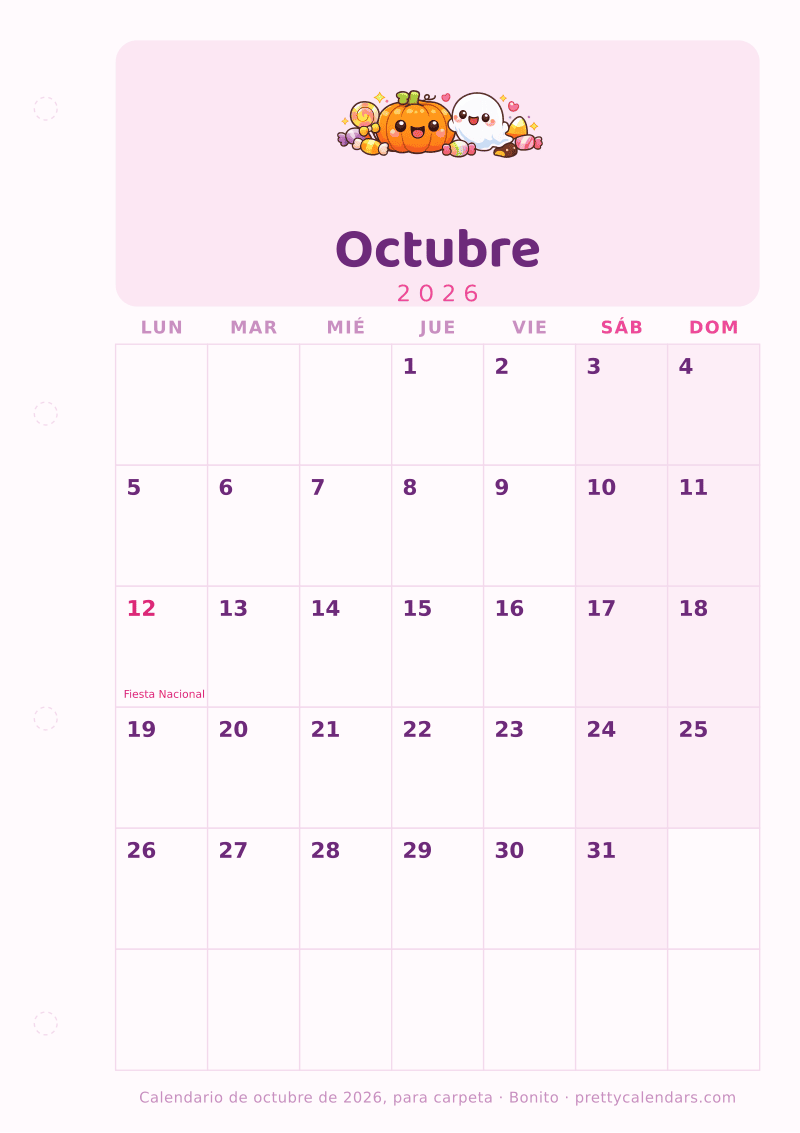 Calendario de Octubre 2026 para imprimir y archivar en carpeta de cuatro anillas, con margen de perforación, estilo Bonito