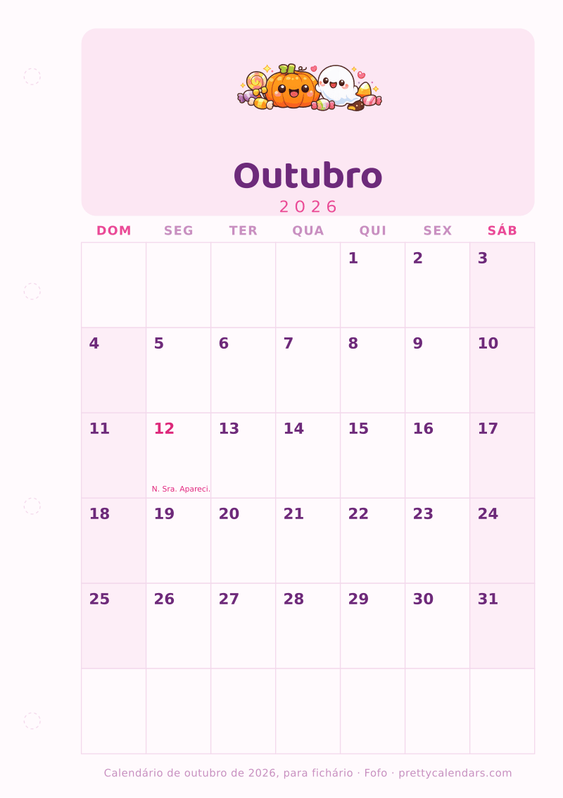 Calendário de Outubro de 2026 para imprimir com margem para fichário, estilo Fofo