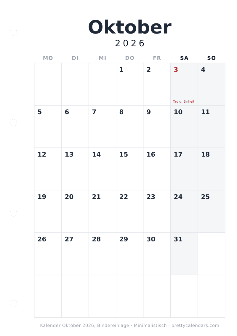 Druckbarer Kalender Oktober 2026 mit Binderlochrand, Design Minimalistisch