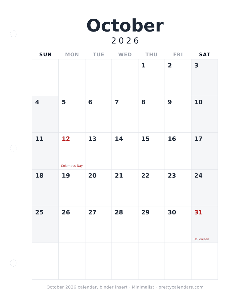 Printable October 2026 calendar as a three ring binder insert with a hole punch margin, Minimalist style