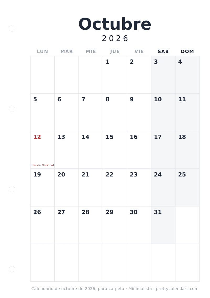Calendario de Octubre 2026 para imprimir y archivar en carpeta de cuatro anillas, con margen de perforación, estilo Minimalista