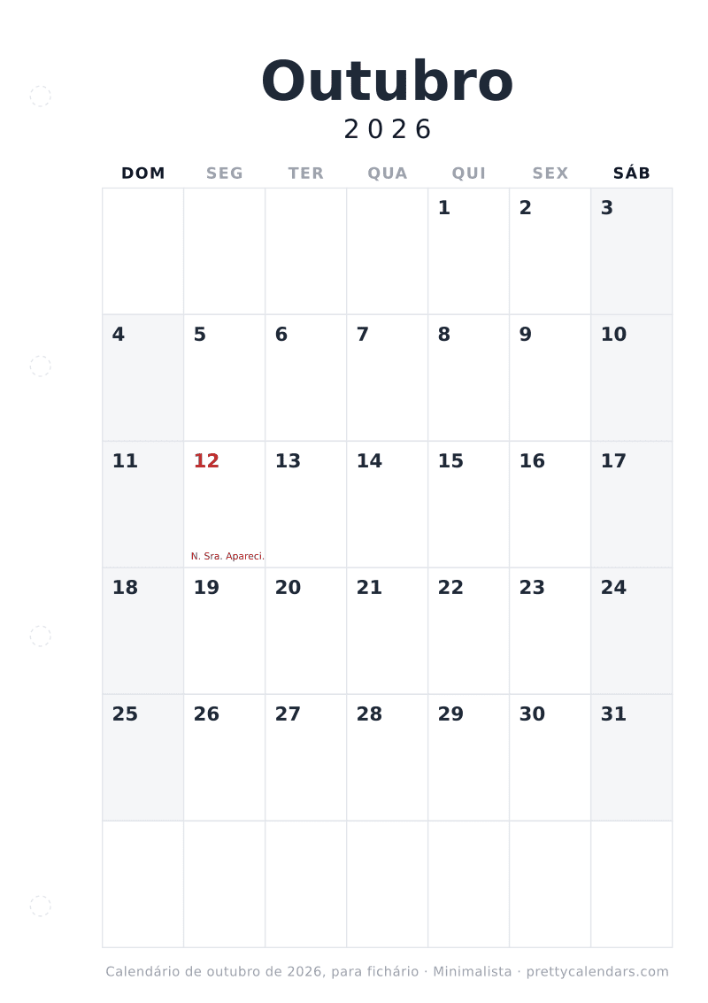 Calendário de Outubro de 2026 para imprimir com margem para fichário, estilo Minimalista