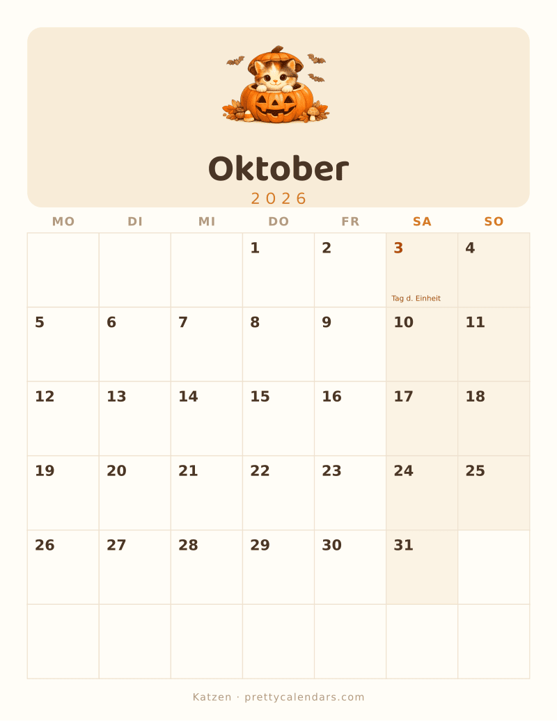 Druckbarer Kalender Oktober 2026, Design Katzen