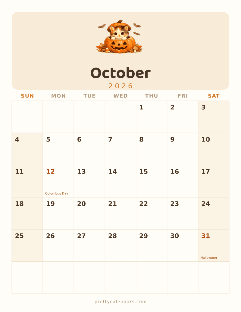 October 2026 printable calendar, Cat style