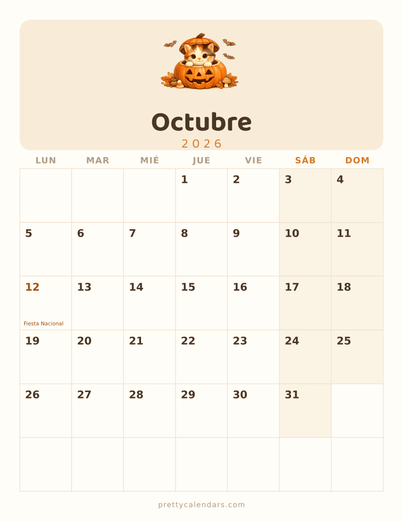 Calendario de Octubre 2026 para imprimir, estilo Gatos