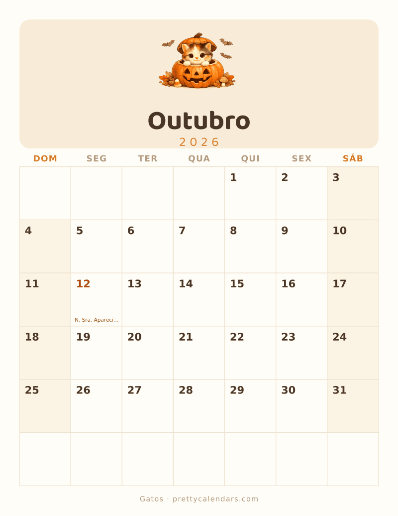 Calendário de Outubro de 2026 para imprimir, estilo Gatos