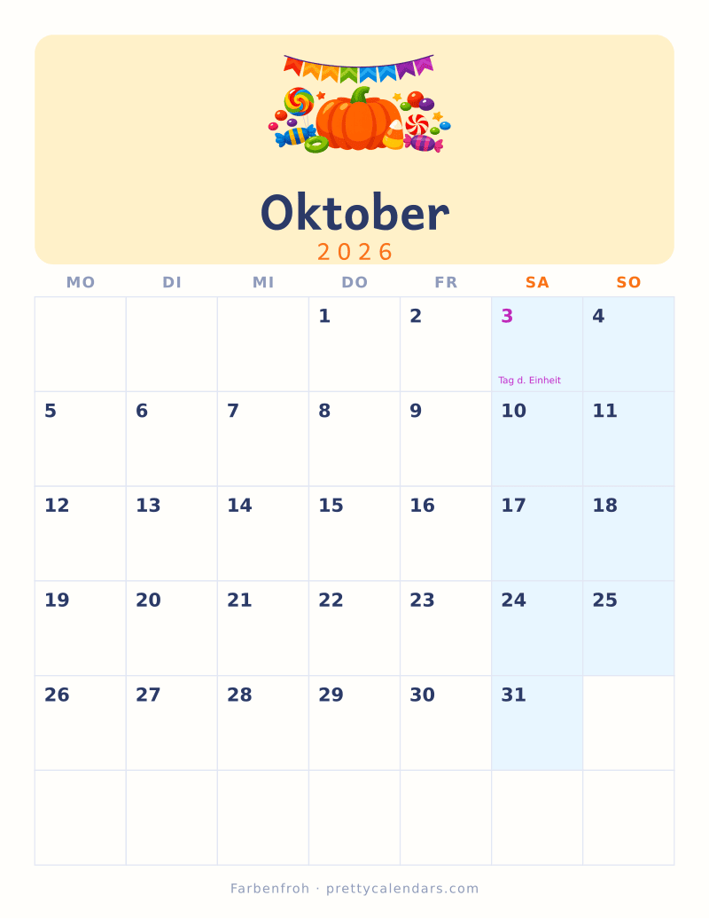 Druckbarer Kalender Oktober 2026, Design Farbenfroh