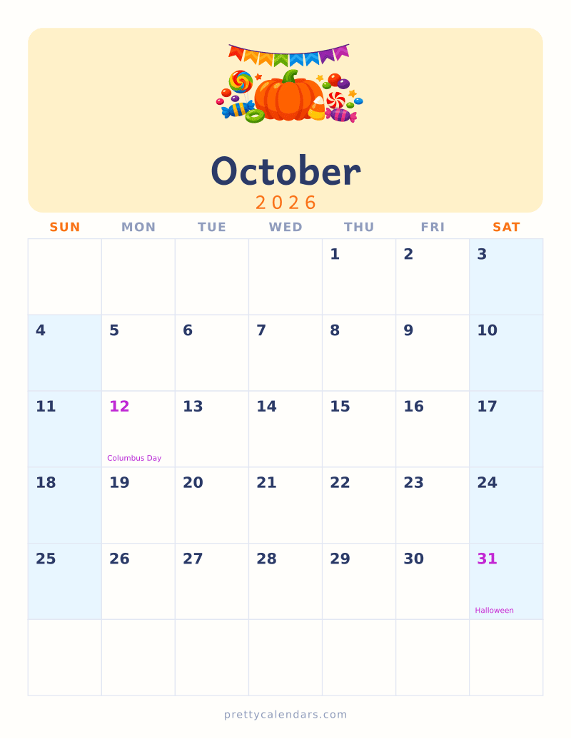 October 2026 printable calendar, Colorful style