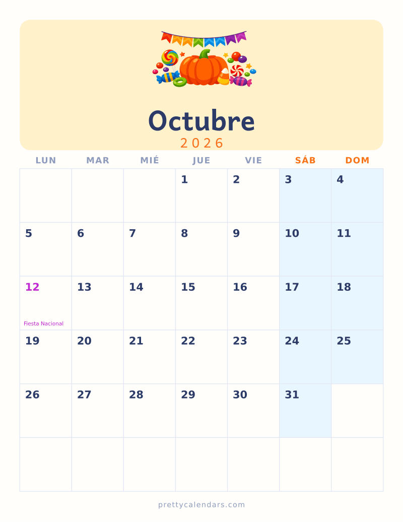 Calendario de Octubre 2026 para imprimir, estilo Colorido