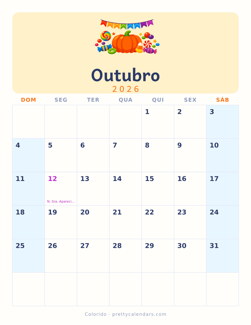 Calendário de Outubro de 2026 para imprimir, estilo Colorido