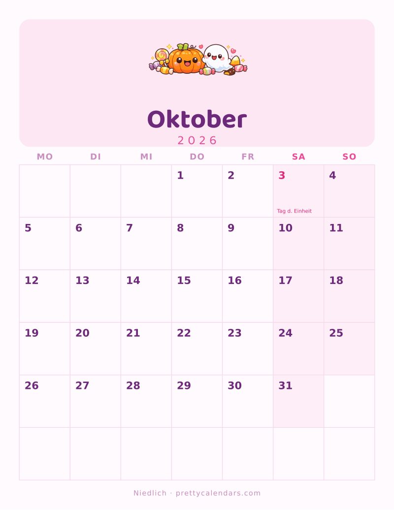 Druckbarer Kalender Oktober 2026, Design Niedlich