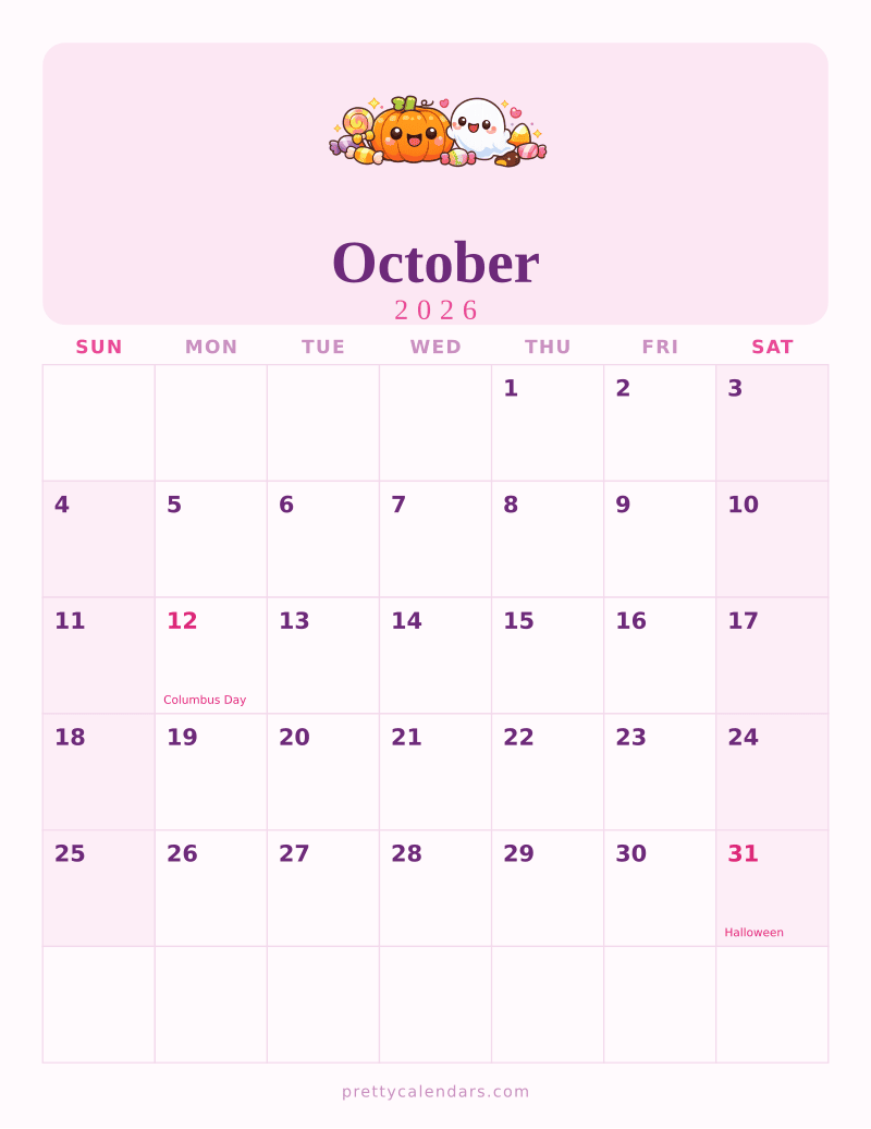 October 2026 printable calendar, Cute style