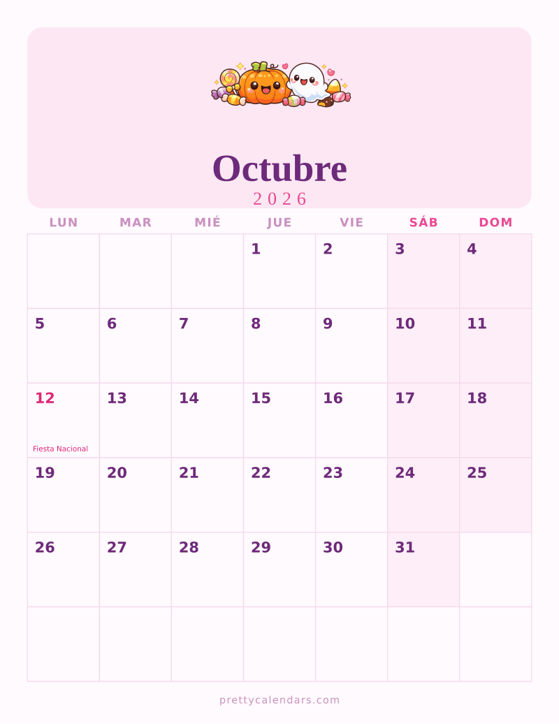 Calendario de Octubre 2026 para imprimir, estilo Bonito