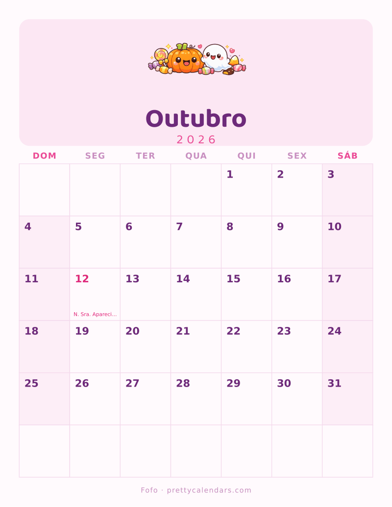 Calendário de Outubro de 2026 para imprimir, estilo Fofo