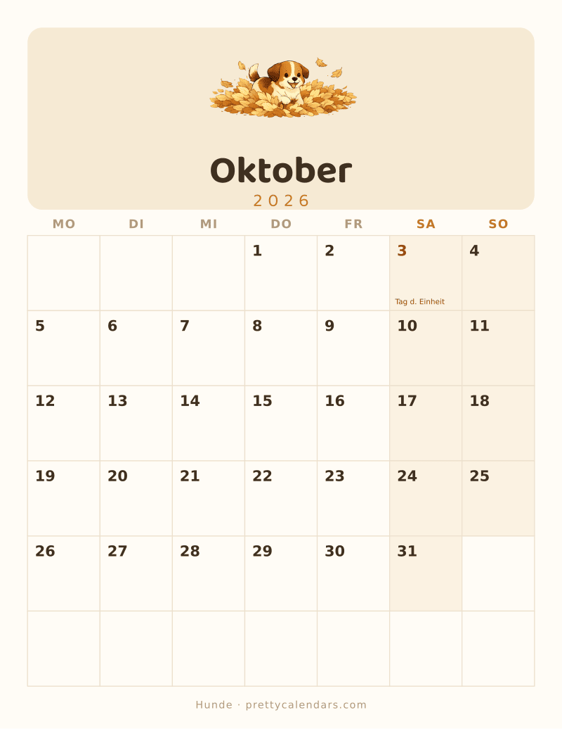 Druckbarer Kalender Oktober 2026, Design Hunde