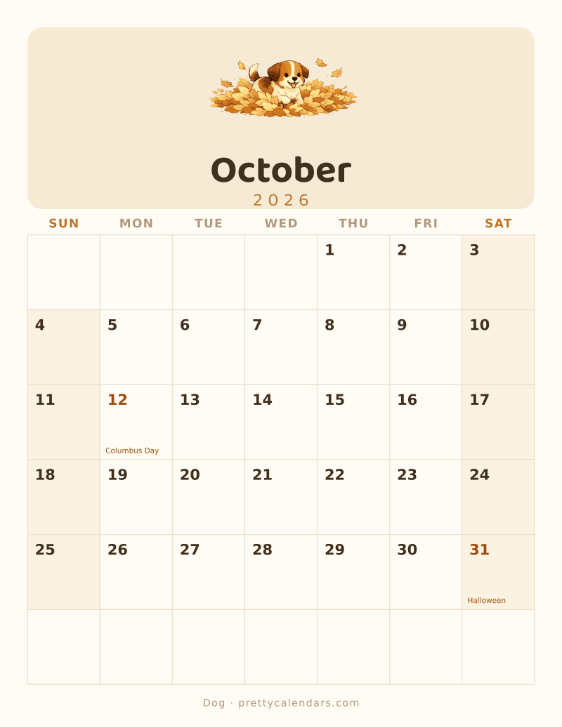 October 2026 printable calendar, Dog style