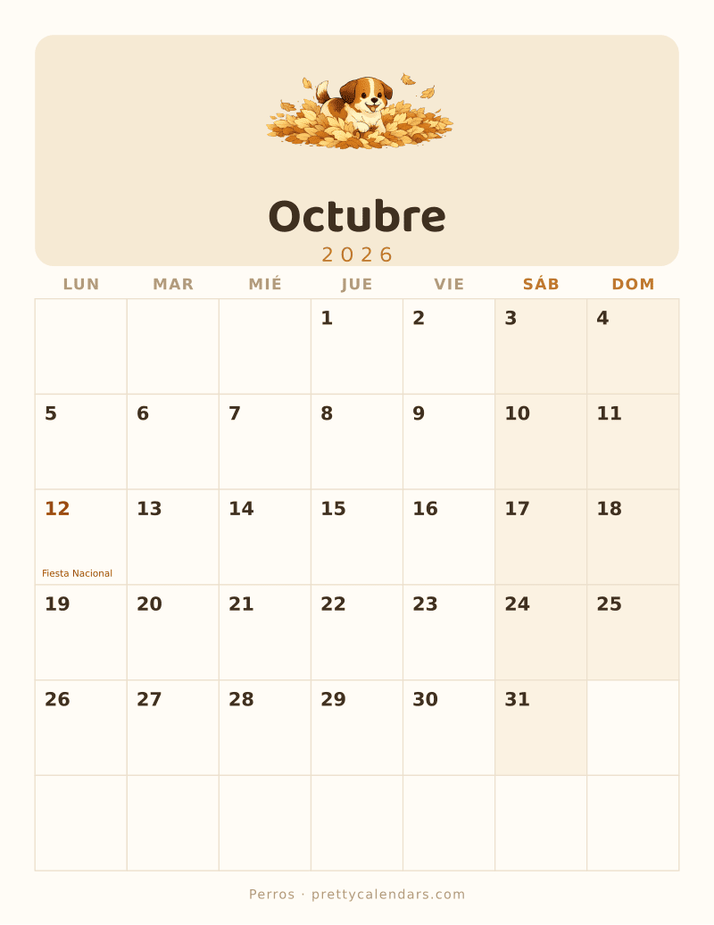 Calendario de Octubre 2026 para imprimir, estilo Perros