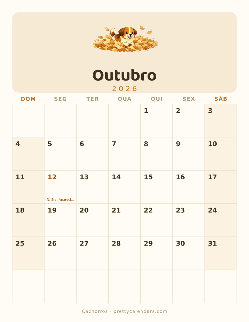 Calendário de Outubro de 2026 para imprimir, estilo Cachorros