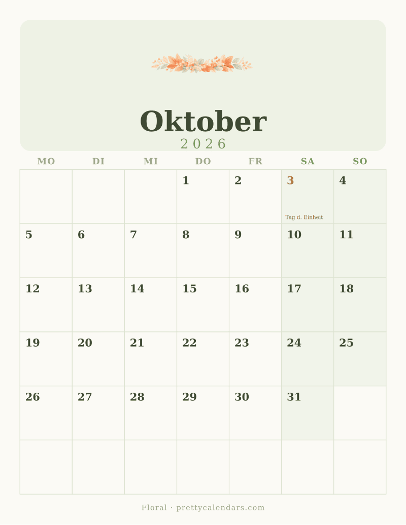 Druckbarer Kalender Oktober 2026, Design Floral