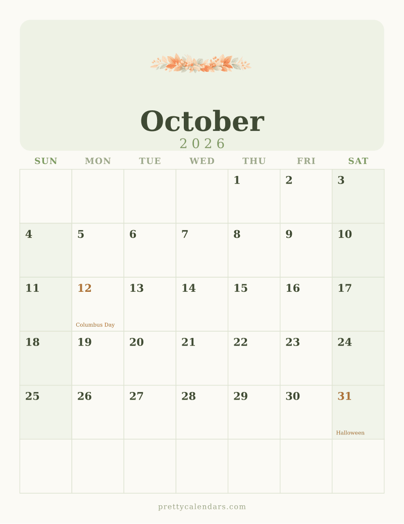 October 2026 printable calendar, Floral style