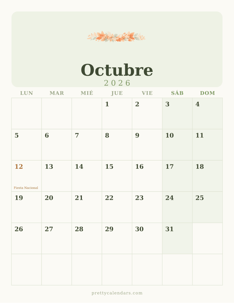 Calendario de Octubre 2026 para imprimir, estilo Floral