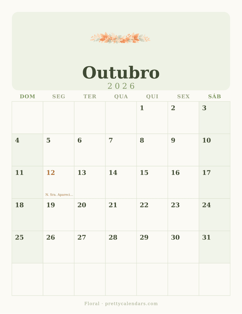 Calendário de Outubro de 2026 para imprimir, estilo Floral