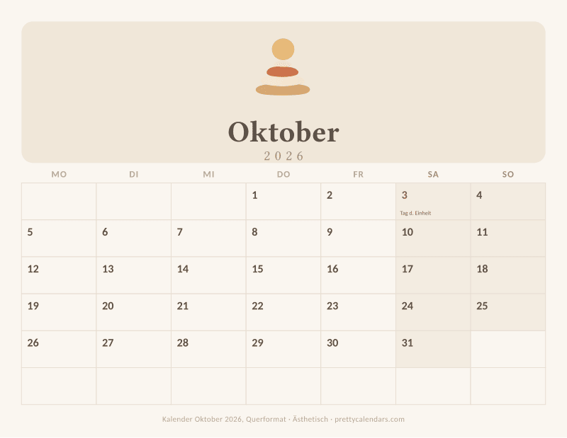 Druckbarer Kalender Oktober 2026 mit Querformat, Design Ästhetisch