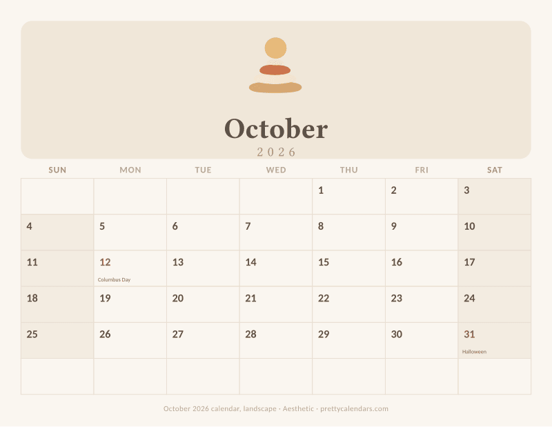 Printable October 2026 calendar in landscape orientation with wide day boxes, Aesthetic style