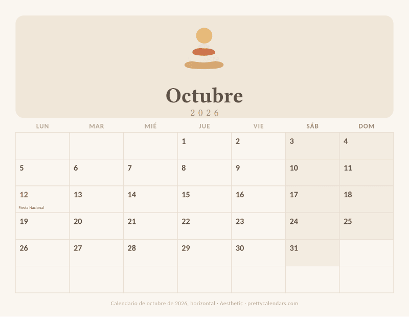 Calendario de Octubre 2026 horizontal para imprimir, con casillas anchas, estilo Aesthetic