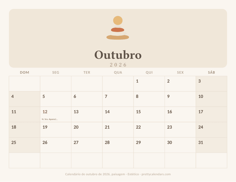 Calendário de Outubro de 2026 para imprimir com orientação paisagem, estilo Estético