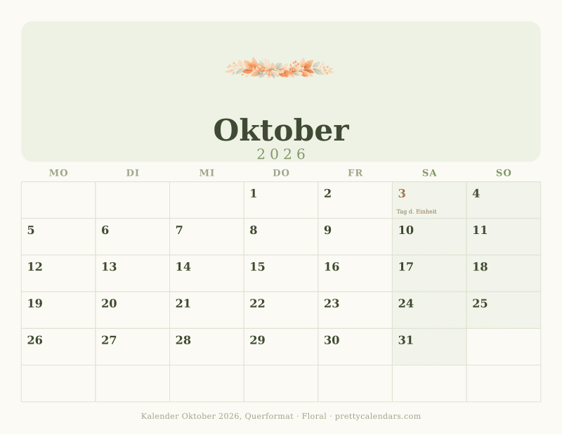 Druckbarer Kalender Oktober 2026 mit Querformat, Design Floral