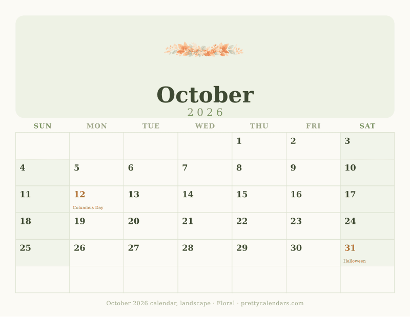 Printable October 2026 calendar in landscape orientation with wide day boxes, Floral style