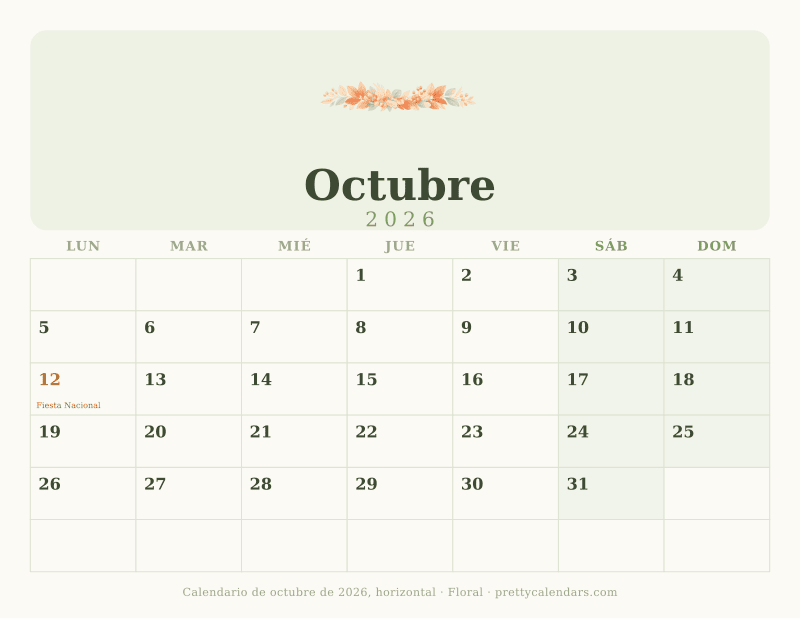 Calendario de Octubre 2026 horizontal para imprimir, con casillas anchas, estilo Floral