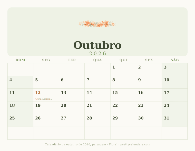Calendário de Outubro de 2026 para imprimir com orientação paisagem, estilo Floral