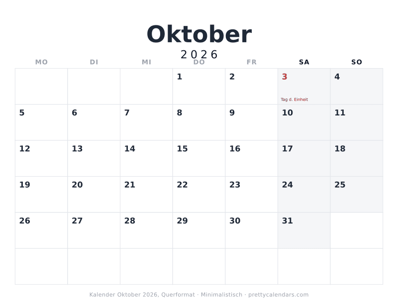 Druckbarer Kalender Oktober 2026 mit Querformat, Design Minimalistisch