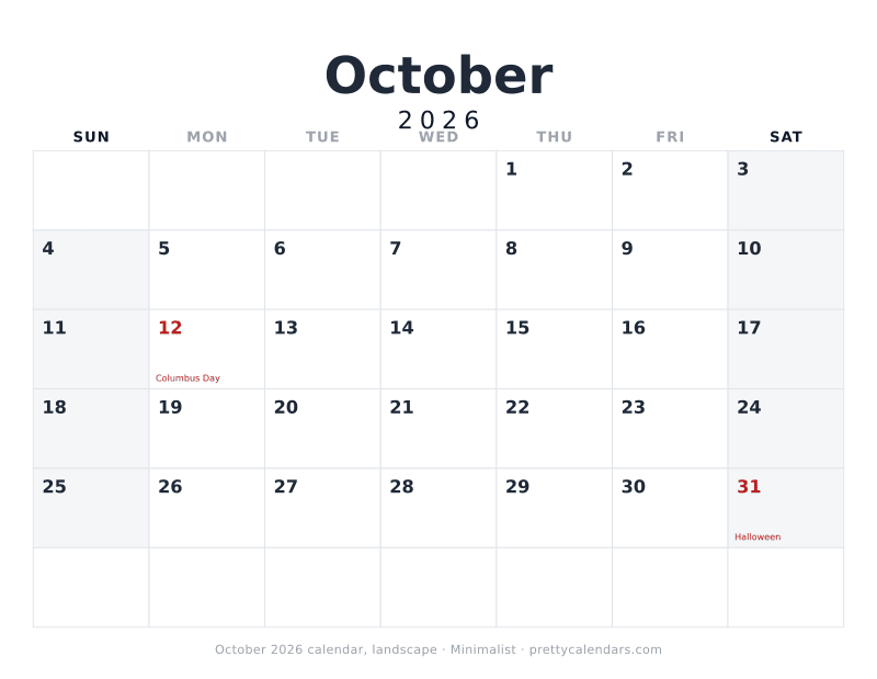 Printable October 2026 calendar in landscape orientation with wide day boxes, Minimalist style
