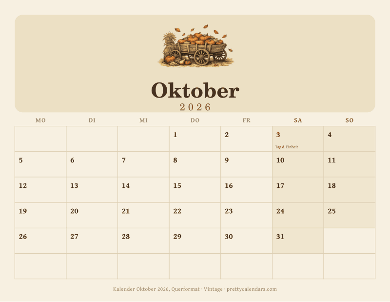 Druckbarer Kalender Oktober 2026 mit Querformat, Design Vintage