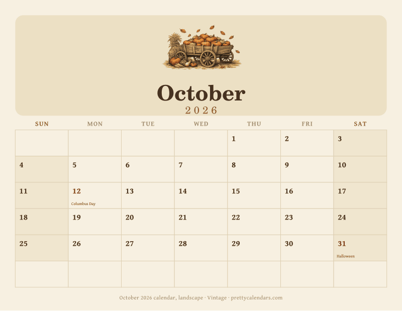 Printable October 2026 calendar in landscape orientation with wide day boxes, Vintage style
