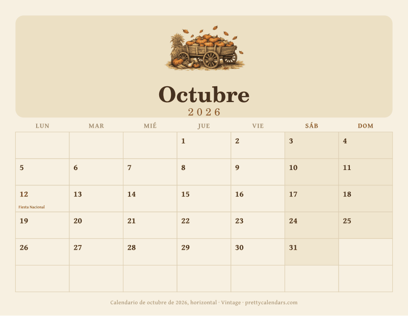 Calendario de Octubre 2026 horizontal para imprimir, con casillas anchas, estilo Vintage