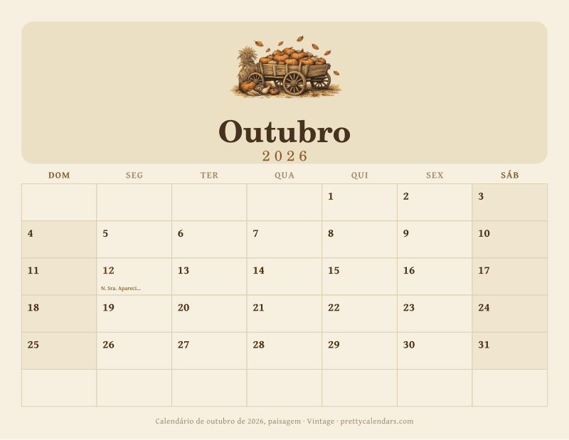 Calendário de Outubro de 2026 para imprimir com orientação paisagem, estilo Vintage