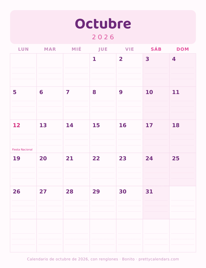 Calendario de Octubre 2026 para imprimir con renglones dentro de cada casilla del día, estilo Bonito