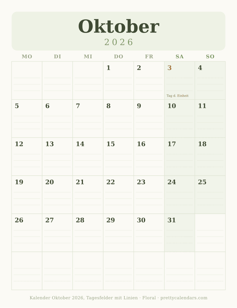 Druckbarer Kalender Oktober 2026 mit Schreiblinien, Design Floral