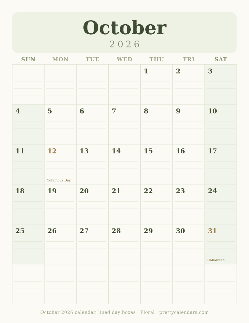 Printable October 2026 calendar with ruled writing lines inside every day box, Floral style