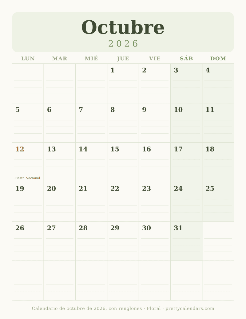 Calendario de Octubre 2026 para imprimir con renglones dentro de cada casilla del día, estilo Floral